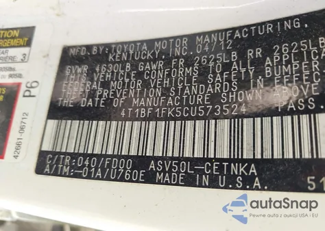 2012 Toyota Camry Le z USA, uszkodzony, nr VIN 4T1BF1FK5CU573524